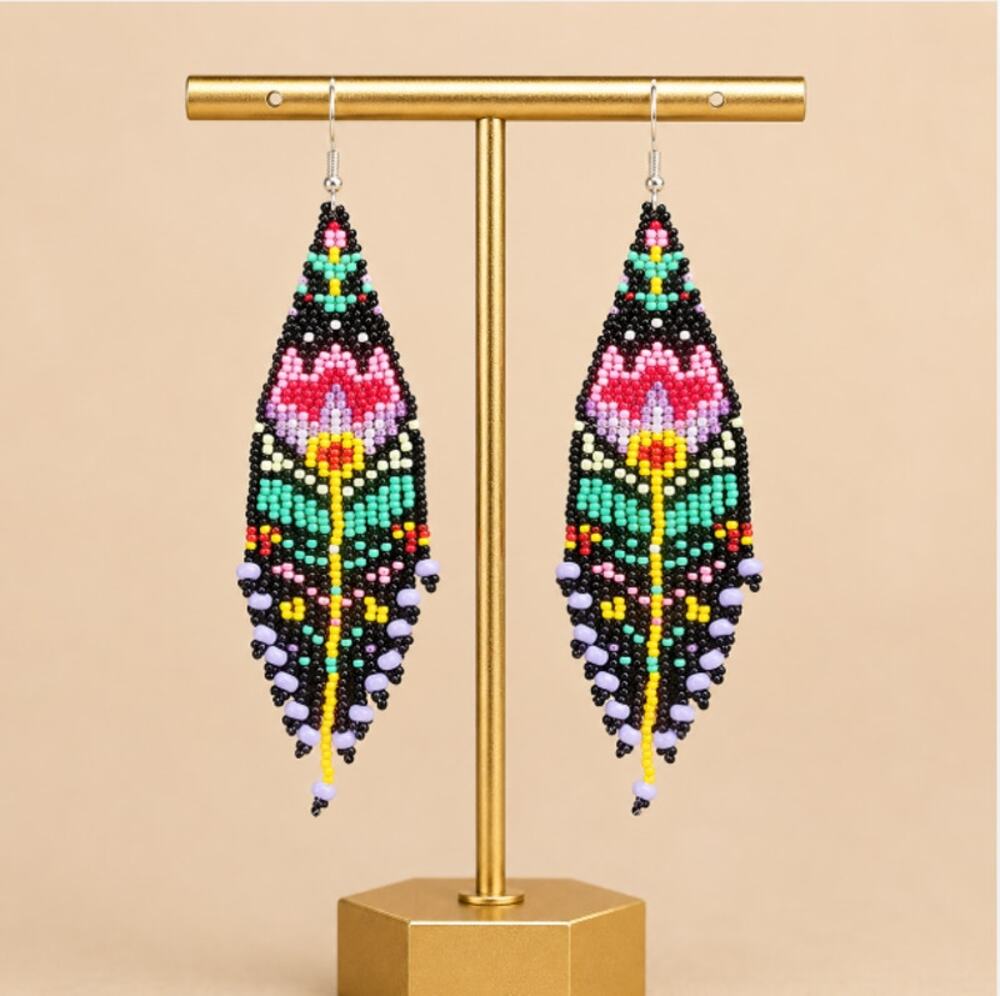 Hand Beaded Long Tassel Earrings Boho Flower Design Bright Colors on Black